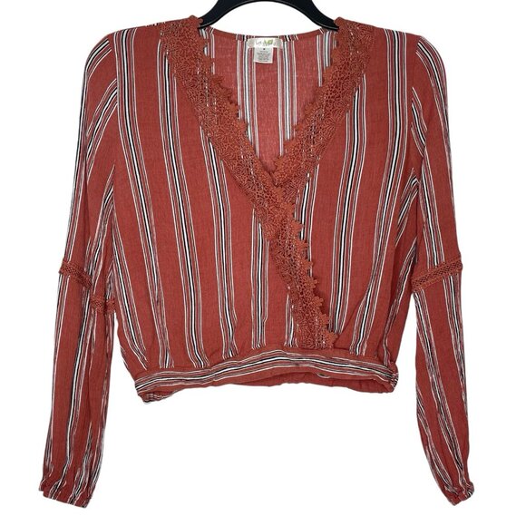 LA Gypsy Boho Blouse Size Medium Striped Peasant V-Neck Faux Wrap Long Sleeves - Picture 1 of 5